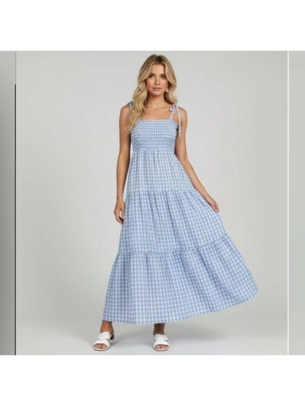 Gingham Shirred Cami Dress Blue